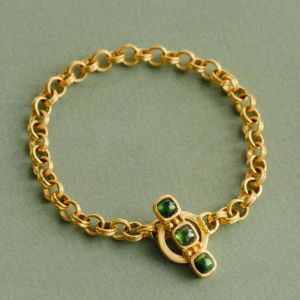 Golden Cushion Cut Cabochon Emerald Sapphire Toggle Bracelet For Women