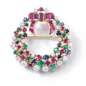 Fancy Bow Design Round Cut Mulit-Sapphire Brooch For Women