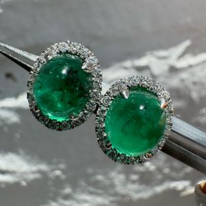 Classic Halo Oval Cabochon Cut Emerald Sapphire Stud Earrings