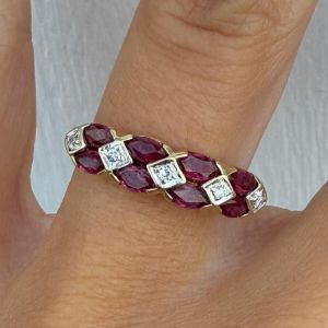 Two Tone Marquise & Round Cut Ruby & White Sapphire Wedding Band For Women