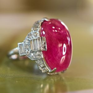 Art Deco Oval Cabochon Cut Ruby Sapphire Engagement Ring For Women