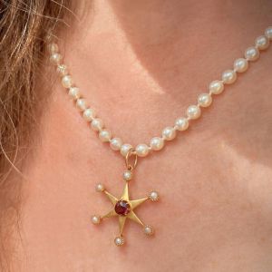 Antique Round Cut Ruby Sapphire & Pearl Star Pendant Necklace For Women