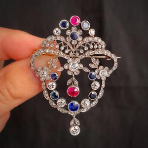 Antique Round Cut Ruby & Blue & White Sapphire Brooch For Women