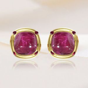 Fancy Halo Cushion Cut Ruby Sapphire Stud Earrings For Women