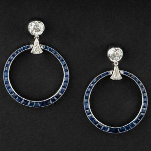 Art Deco Baguette & Round Cut Blue & White Sapphire Drop Earrings For Women