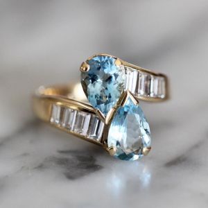 Golden Pear Cut Aquamarine Sapphire Toi Et Moi Crossover Ring For Women