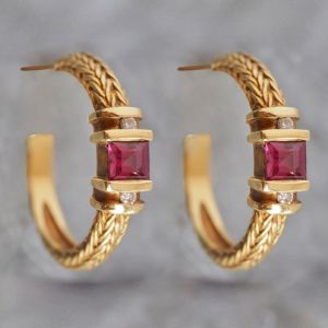 Art Deco Asscher Cut Ruby Sapphire Hoop Earrings For Women