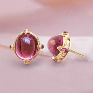 Golden Oval Cabochon Cut Pink Sapphire Stud Earrings For Women