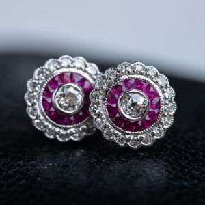 Flower Design Halo Round & Baguette Cut White & Ruby Sapphire Stud Earrings