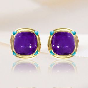 Golden Cushion Cut Amethyst Sapphire Stud Earrings For Women