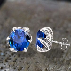 Unique Round Cut Blue Sapphire Stud Earrings For Women