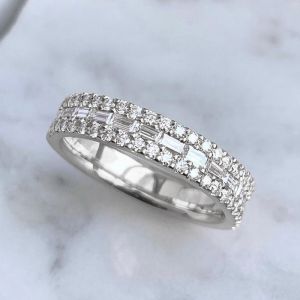 Triple Row Round & Baguette Cut White Sapphire Wedding Band For Women