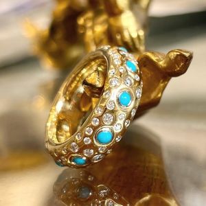 Golden Round Cut Turquoise & White Sapphire Wedding Band For Women