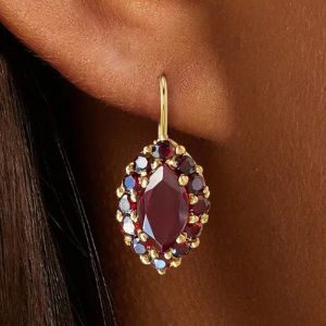 Golden Halo Marquise Cut Garnet Sapphire Drop Earrings For Women