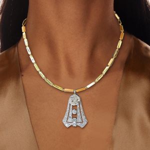 Art Deco Two Tone Round Cut White Sapphire Pendant Necklace For Women