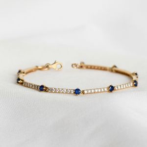 Golden Round Cut Blue & White Sapphire Bracelet For Women